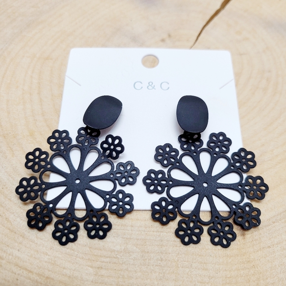 Brand New Black Metal Flower Earrings